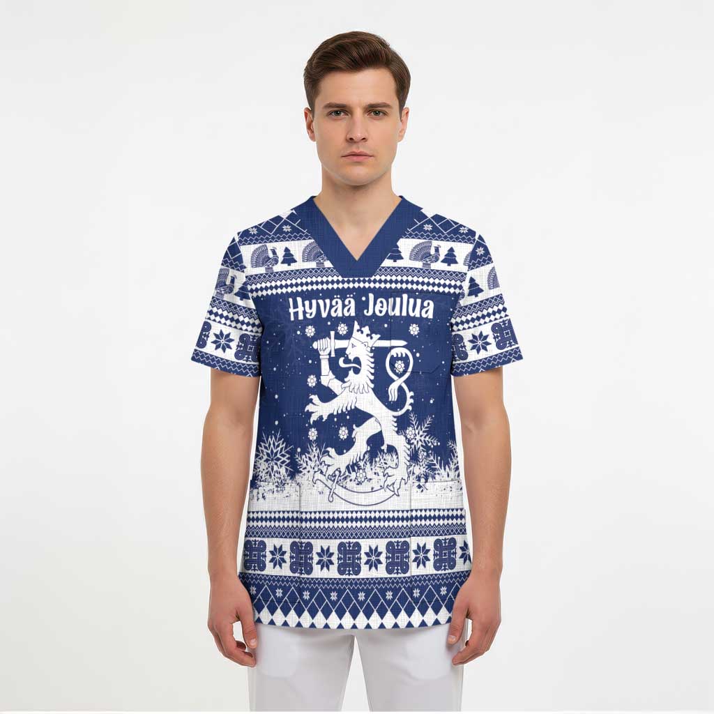 Finland Christmas Hannunvaakuna Scrub Top Hyvaa Joulua Nordic Snow Lion Blue Version - Wonder Print Shop