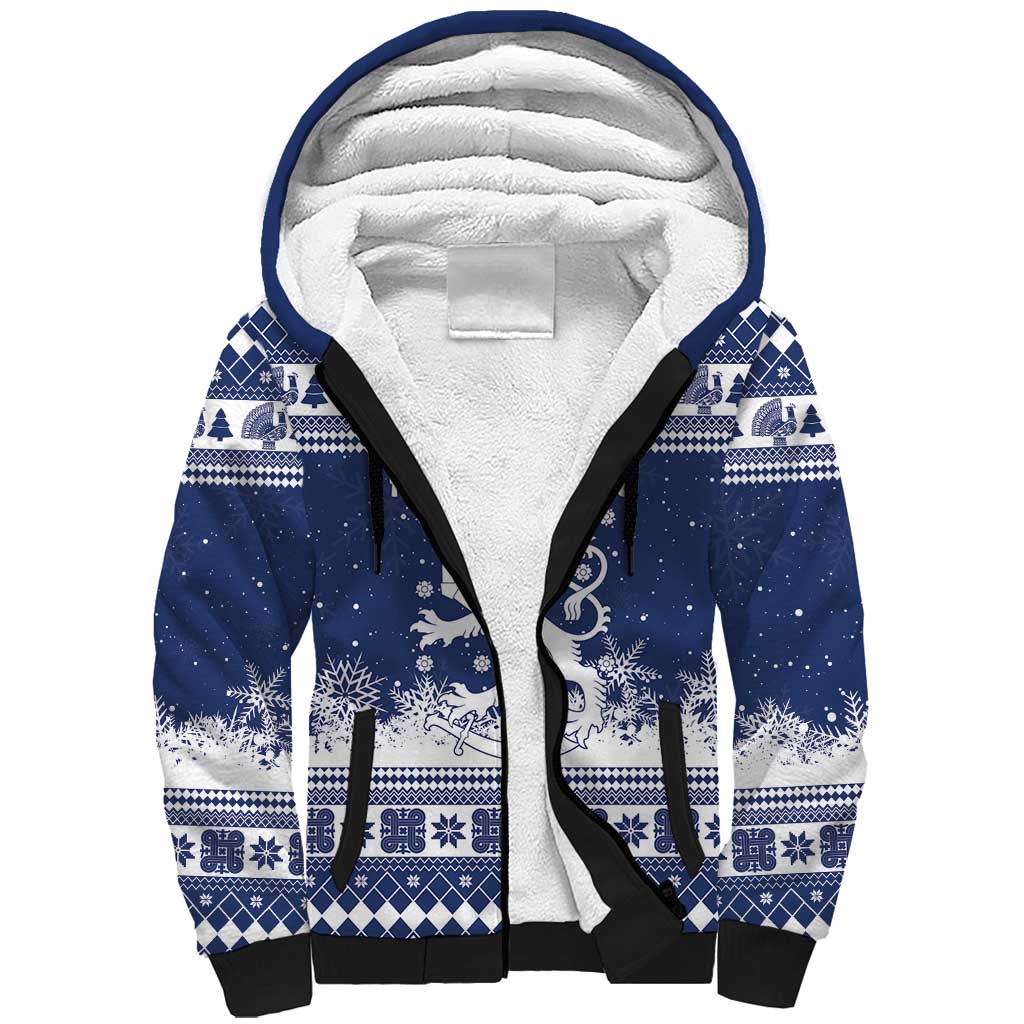 Finland Christmas Hannunvaakuna Sherpa Hoodie Hyvaa Joulua Nordic Snow Lion Blue Version - Wonder Print Shop