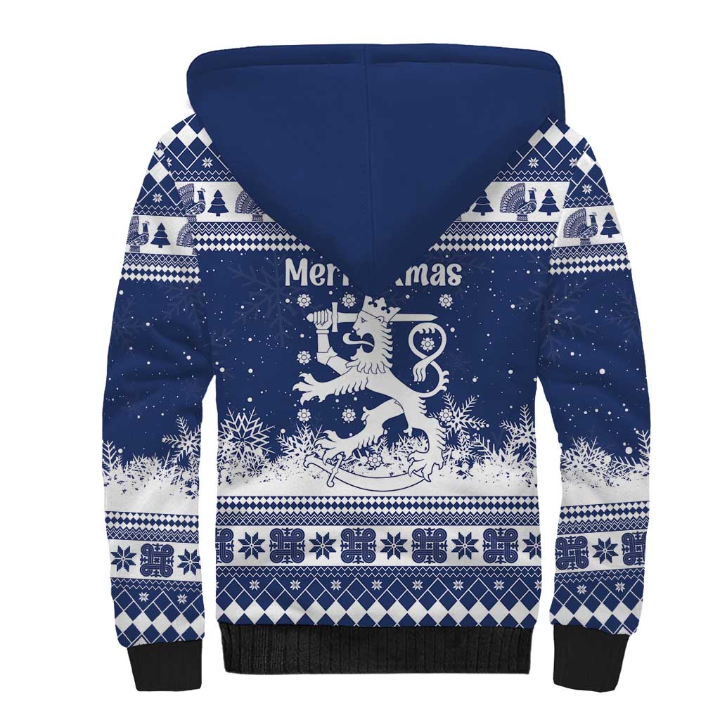 Finland Christmas Hannunvaakuna Sherpa Hoodie Hyvaa Joulua Nordic Snow Lion Blue Version - Wonder Print Shop