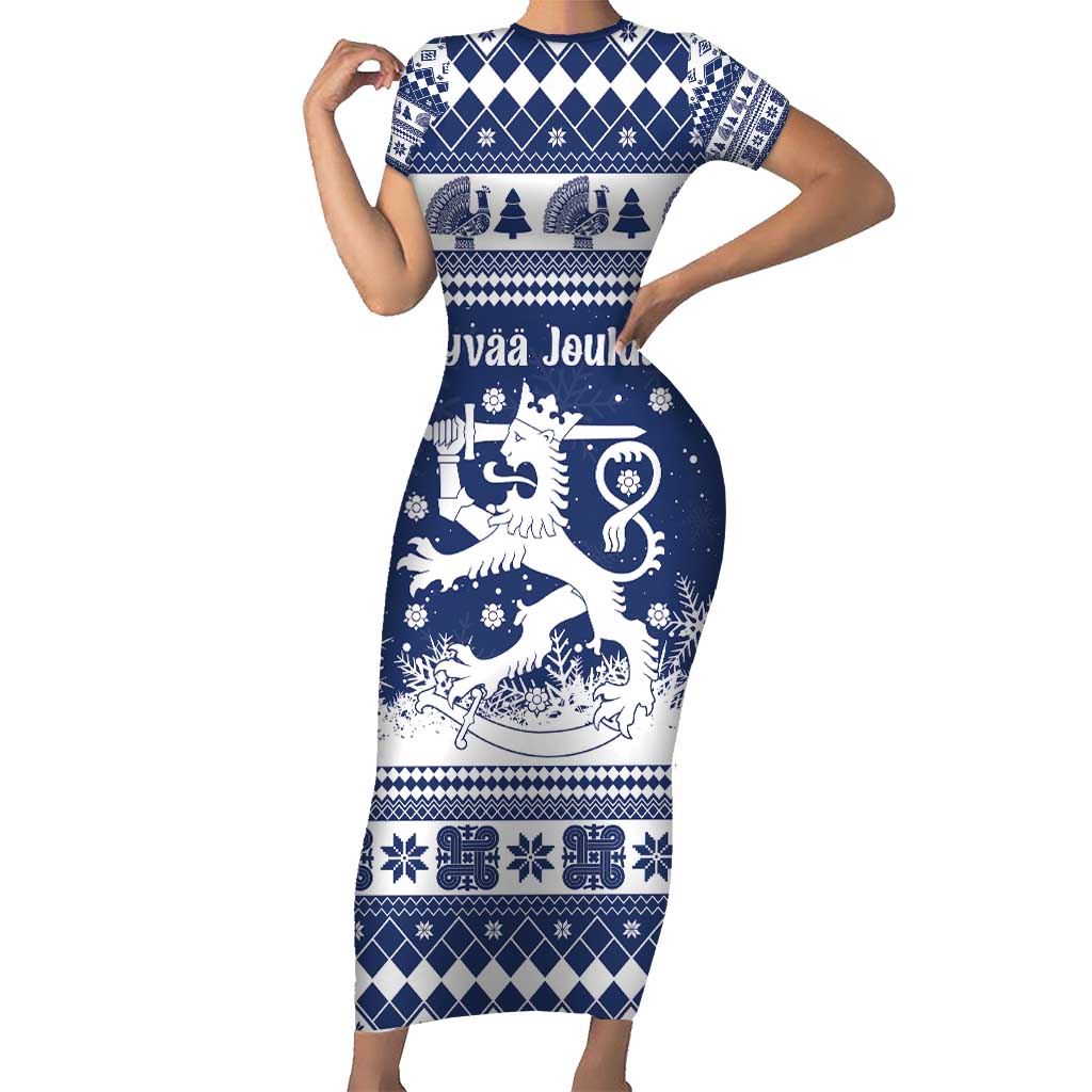 Finland Christmas Hannunvaakuna Short Sleeve Bodycon Dress Hyvaa Joulua Nordic Snow Lion Blue Version - Wonder Print Shop