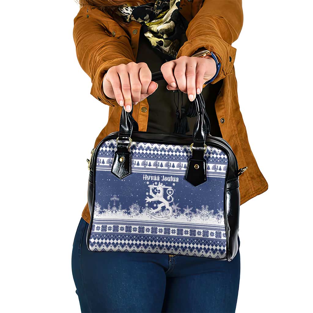 Finland Christmas Hannunvaakuna Shoulder Handbag Hyvaa Joulua Nordic Snow Lion Blue Version - Wonder Print Shop