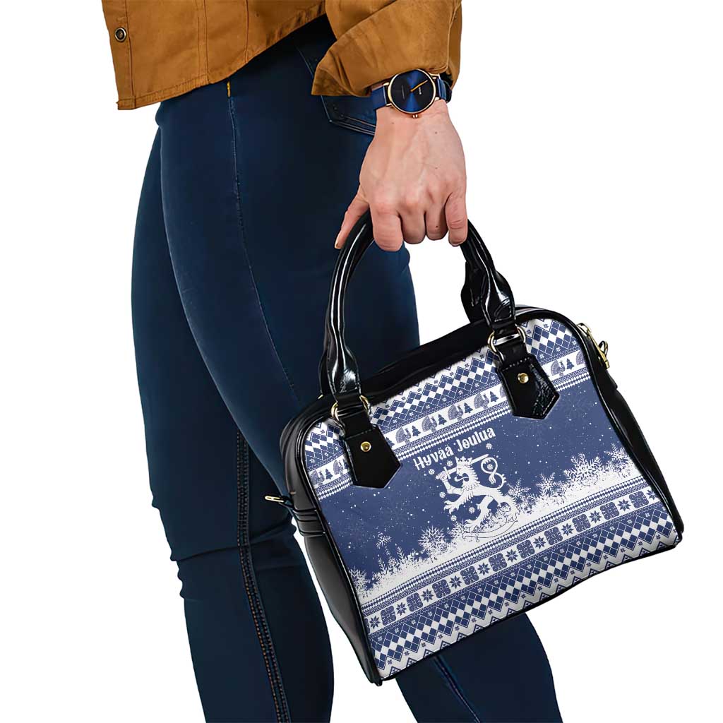 Finland Christmas Hannunvaakuna Shoulder Handbag Hyvaa Joulua Nordic Snow Lion Blue Version - Wonder Print Shop