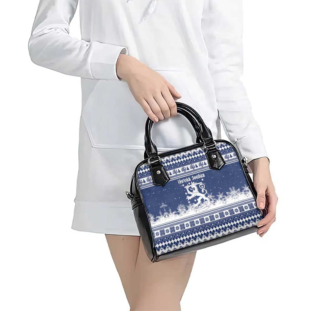 Finland Christmas Hannunvaakuna Shoulder Handbag Hyvaa Joulua Nordic Snow Lion Blue Version - Wonder Print Shop