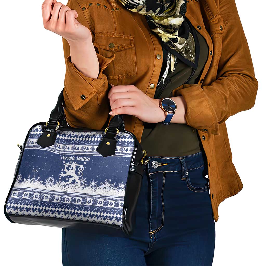 Finland Christmas Hannunvaakuna Shoulder Handbag Hyvaa Joulua Nordic Snow Lion Blue Version - Wonder Print Shop