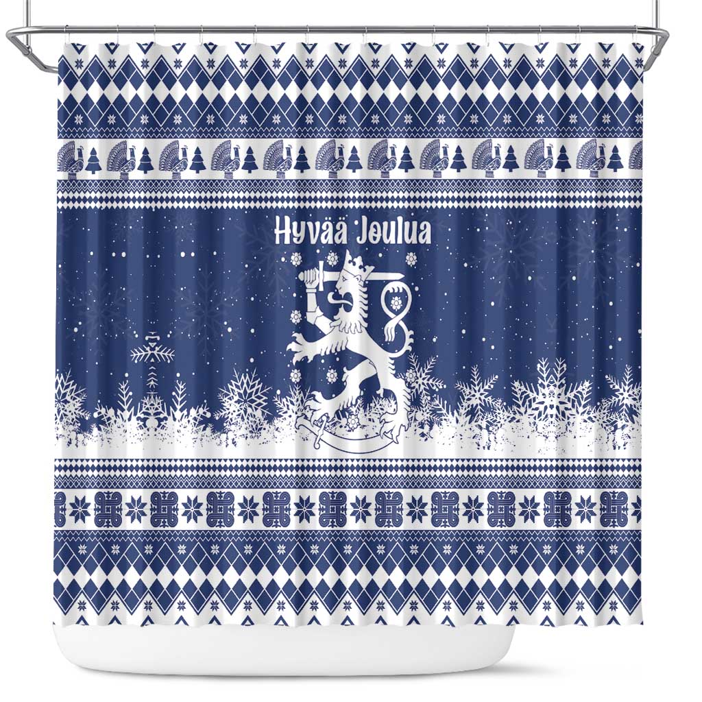 Finland Christmas Hannunvaakuna Shower Curtain Hyvaa Joulua Nordic Snow Lion Blue Version - Wonder Print Shop