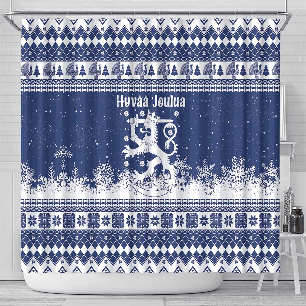 Finland Christmas Hannunvaakuna Shower Curtain Hyvaa Joulua Nordic Snow Lion Blue Version - Wonder Print Shop