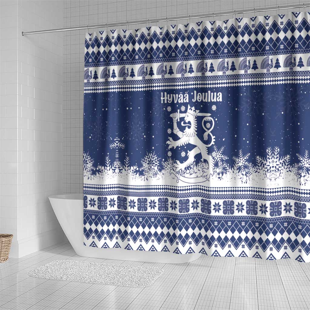 Finland Christmas Hannunvaakuna Shower Curtain Hyvaa Joulua Nordic Snow Lion Blue Version - Wonder Print Shop