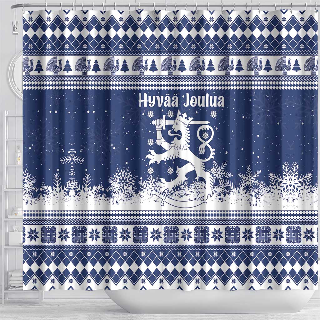 Finland Christmas Hannunvaakuna Shower Curtain Hyvaa Joulua Nordic Snow Lion Blue Version - Wonder Print Shop