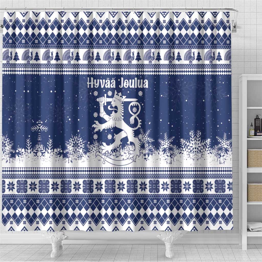 Finland Christmas Hannunvaakuna Shower Curtain Hyvaa Joulua Nordic Snow Lion Blue Version - Wonder Print Shop