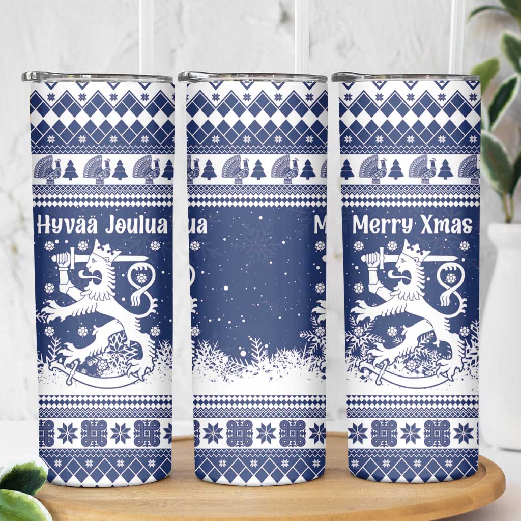 Finland Christmas Hannunvaakuna Skinny Tumbler Hyvaa Joulua Nordic Snow Lion Blue Version - Wonder Print Shop