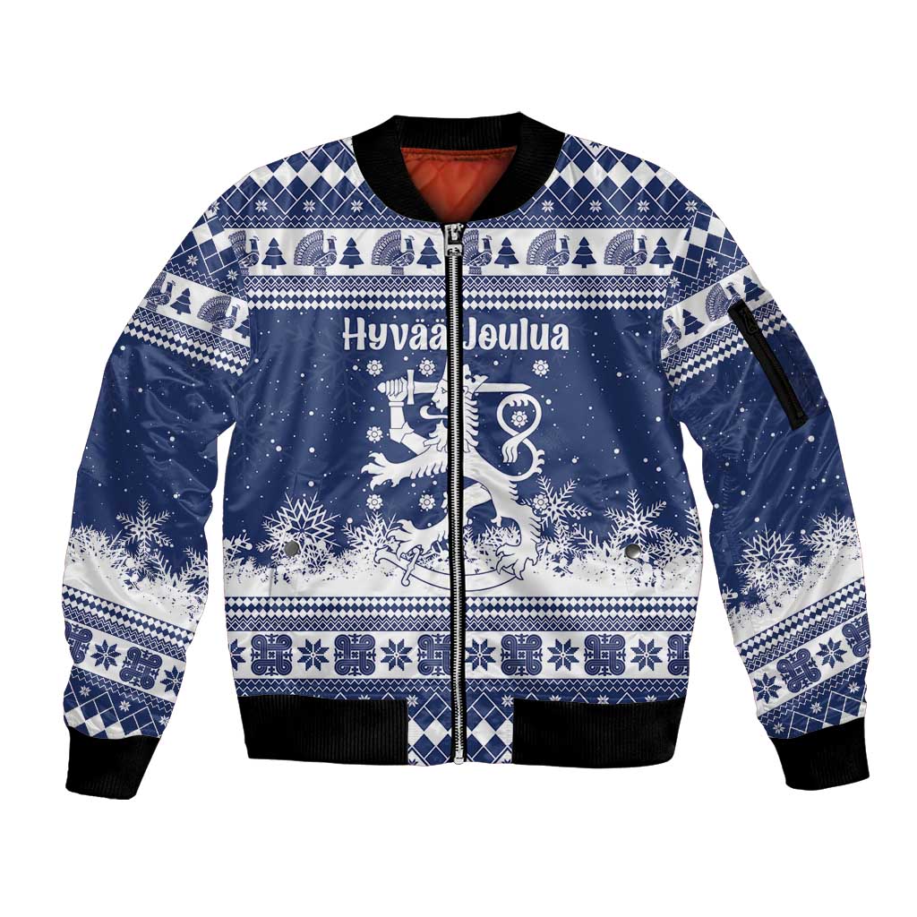 Finland Christmas Hannunvaakuna Sleeve Zip Bomber Jacket Hyvaa Joulua Nordic Snow Lion Blue Version - Wonder Print Shop