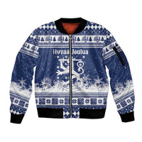 Finland Christmas Hannunvaakuna Sleeve Zip Bomber Jacket Hyvaa Joulua Nordic Snow Lion Blue Version - Wonder Print Shop
