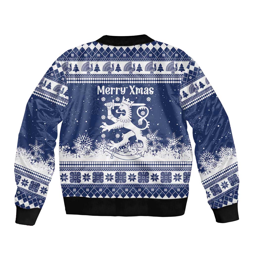 Finland Christmas Hannunvaakuna Sleeve Zip Bomber Jacket Hyvaa Joulua Nordic Snow Lion Blue Version - Wonder Print Shop