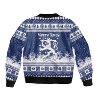 Finland Christmas Hannunvaakuna Sleeve Zip Bomber Jacket Hyvaa Joulua Nordic Snow Lion Blue Version - Wonder Print Shop