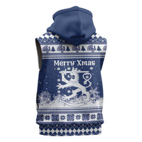 Finland Christmas Hannunvaakuna Sleeveless Hoodie Hyvaa Joulua Nordic Snow Lion Blue Version - Wonder Print Shop