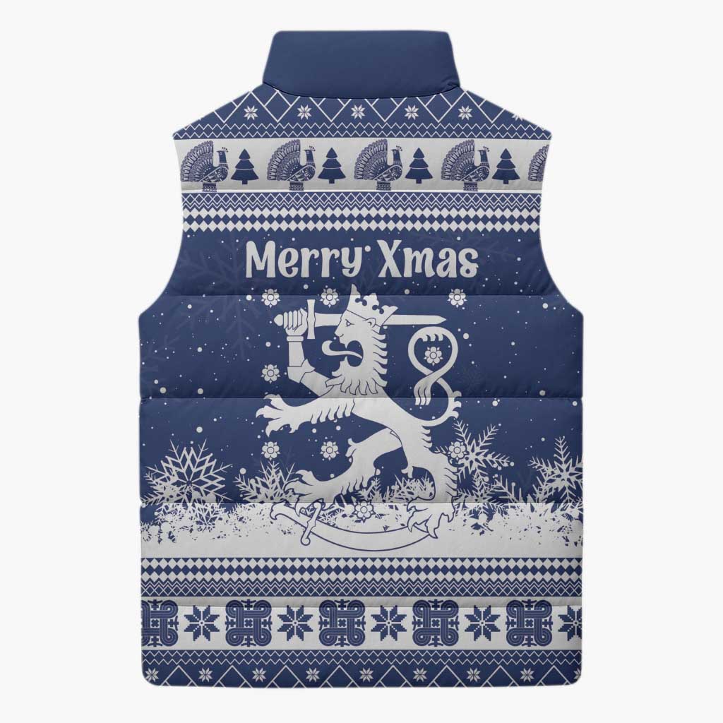 Finland Christmas Hannunvaakuna Sleeveless Puffer Jacket Hyvaa Joulua Nordic Snow Lion Blue Version - Wonder Print Shop