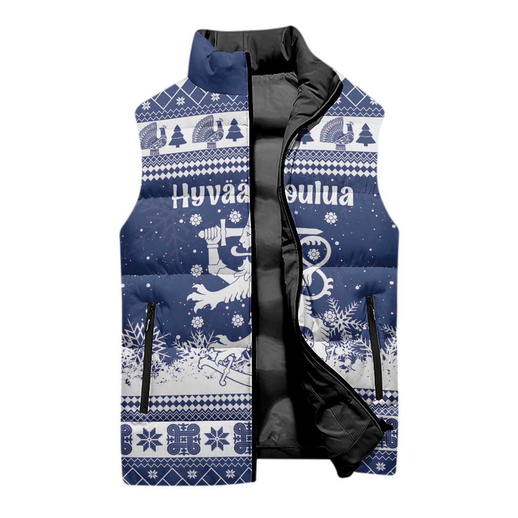 Finland Christmas Hannunvaakuna Sleeveless Puffer Jacket Hyvaa Joulua Nordic Snow Lion Blue Version - Wonder Print Shop