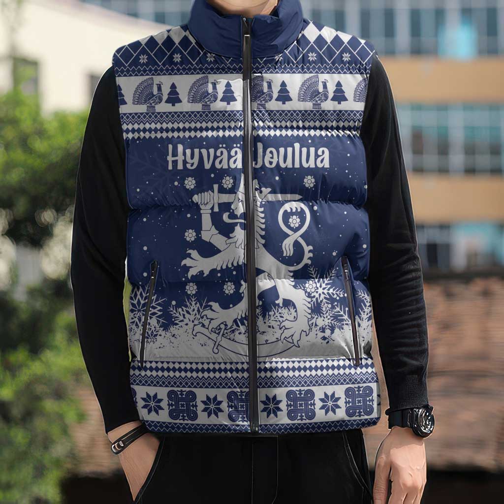 Finland Christmas Hannunvaakuna Sleeveless Puffer Jacket Hyvaa Joulua Nordic Snow Lion Blue Version - Wonder Print Shop