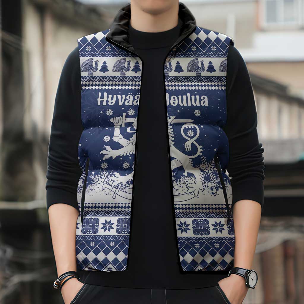 Finland Christmas Hannunvaakuna Sleeveless Puffer Jacket Hyvaa Joulua Nordic Snow Lion Blue Version - Wonder Print Shop