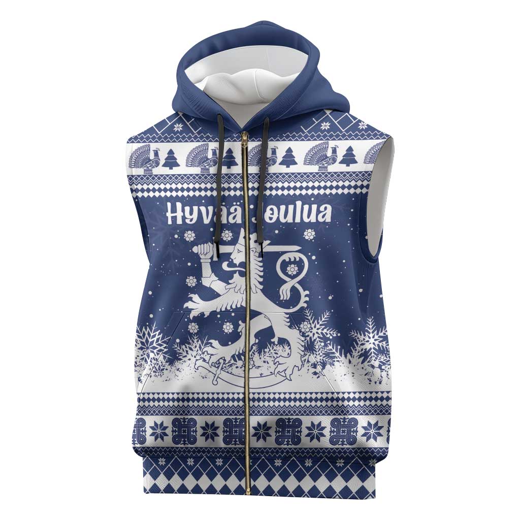 Finland Christmas Hannunvaakuna Sleeveless Zip Hoodie Hyvaa Joulua Nordic Snow Lion Blue Version - Wonder Print Shop