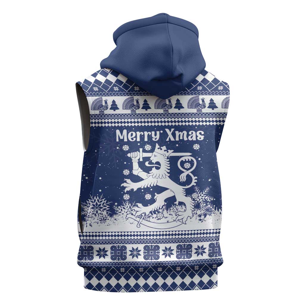 Finland Christmas Hannunvaakuna Sleeveless Zip Hoodie Hyvaa Joulua Nordic Snow Lion Blue Version - Wonder Print Shop