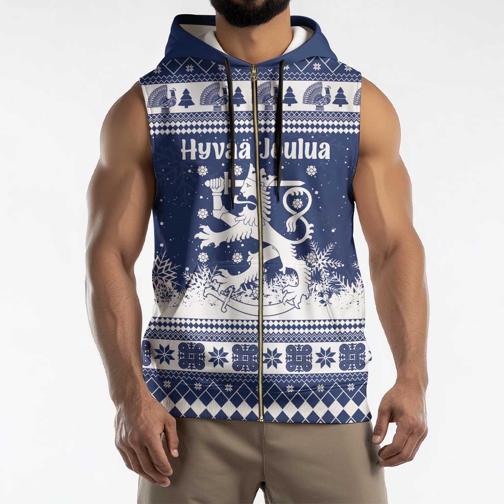 Finland Christmas Hannunvaakuna Sleeveless Zip Hoodie Hyvaa Joulua Nordic Snow Lion Blue Version - Wonder Print Shop