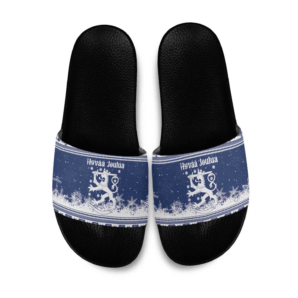 Finland Christmas Hannunvaakuna Slide Sandals Hyvaa Joulua Nordic Snow Lion Blue Version - Wonder Print Shop