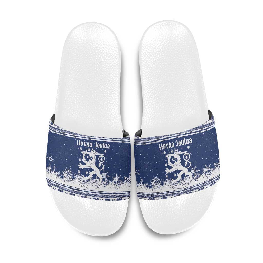 Finland Christmas Hannunvaakuna Slide Sandals Hyvaa Joulua Nordic Snow Lion Blue Version - Wonder Print Shop