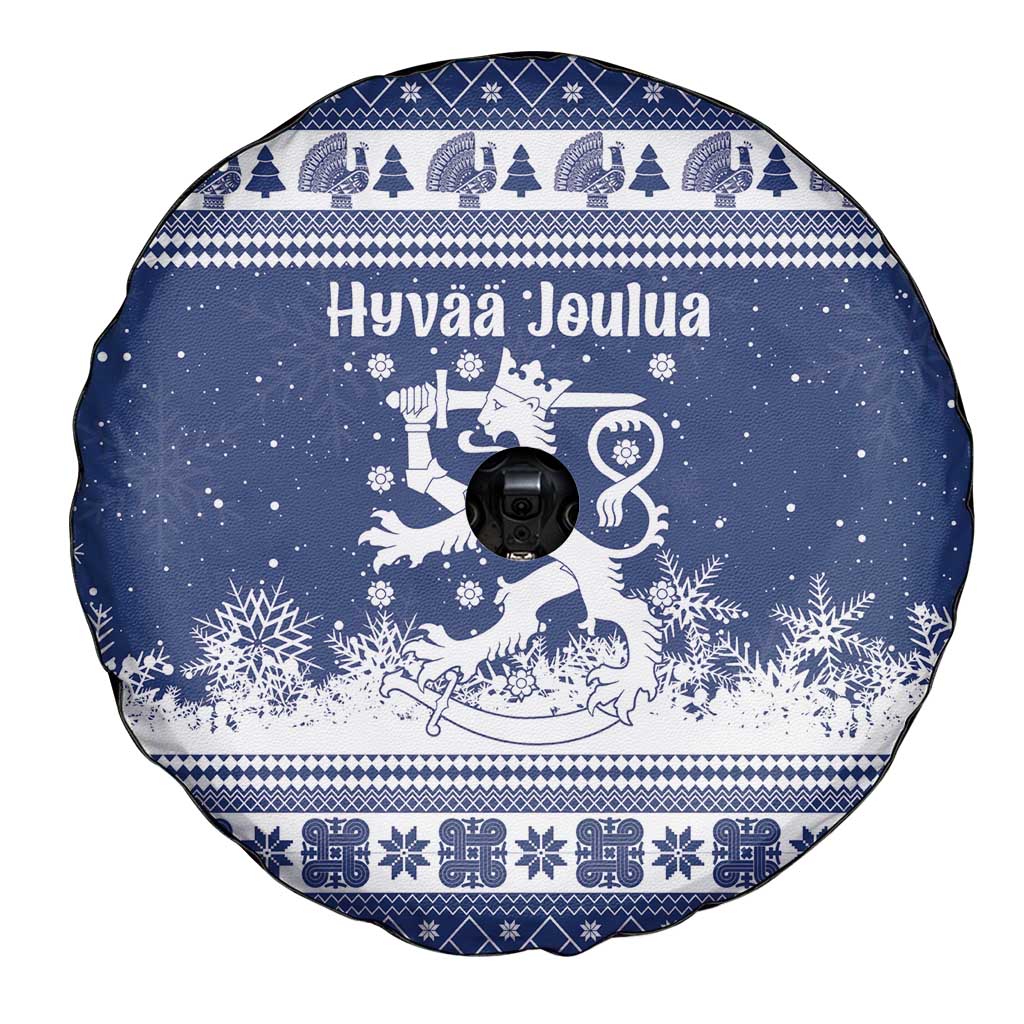 Finland Christmas Hannunvaakuna Spare Tire Cover Hyvaa Joulua Nordic Snow Lion Blue Version - Wonder Print Shop