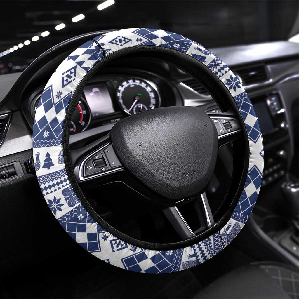 Finland Christmas Hannunvaakuna Steering Wheel Cover Hyvaa Joulua Nordic Snow Lion Blue Version - Wonder Print Shop