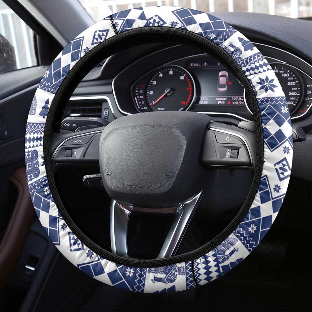 Finland Christmas Hannunvaakuna Steering Wheel Cover Hyvaa Joulua Nordic Snow Lion Blue Version - Wonder Print Shop
