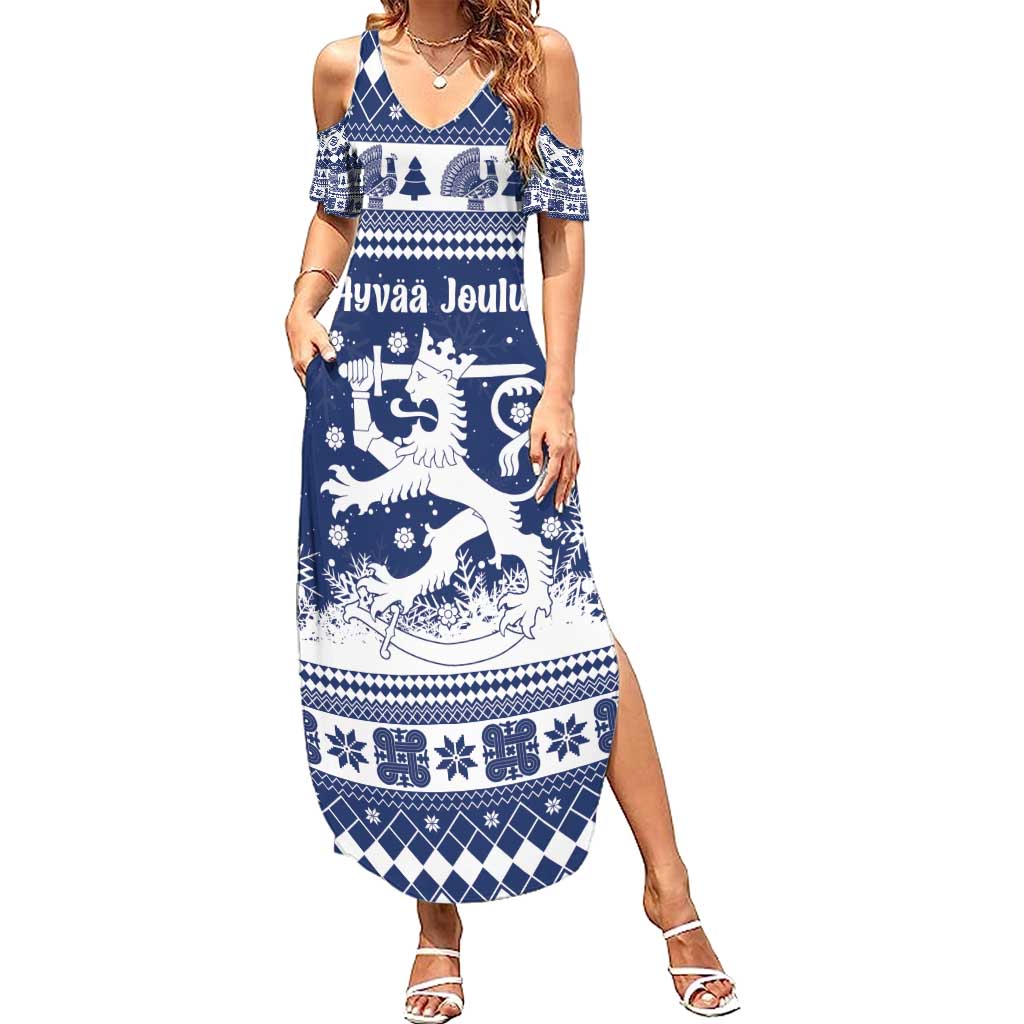 Finland Christmas Hannunvaakuna Summer Maxi Dress Hyvaa Joulua Nordic Snow Lion Blue Version - Wonder Print Shop