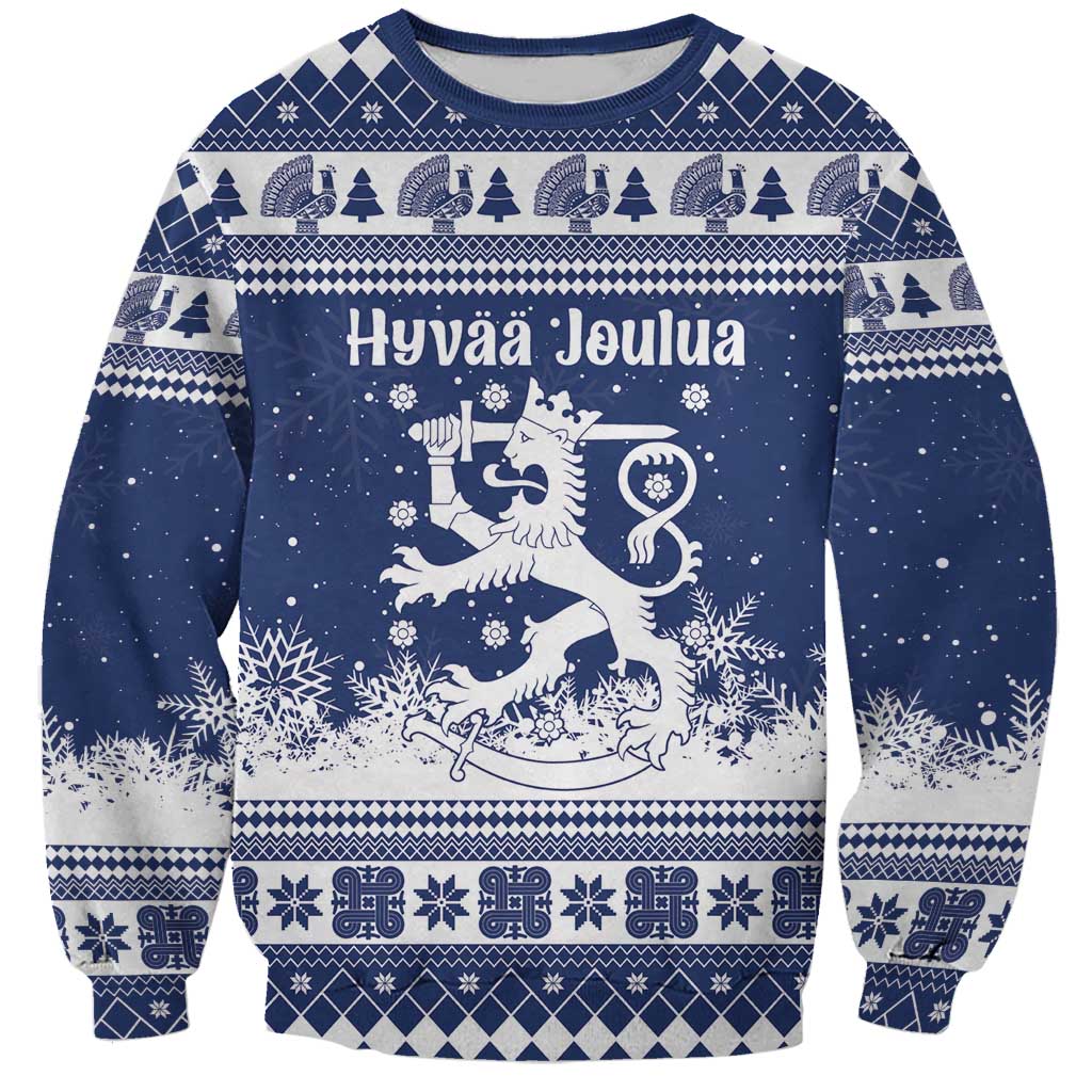 Finland Christmas Hannunvaakuna Sweatshirt Hyvaa Joulua Nordic Snow Lion Blue Version - Wonder Print Shop