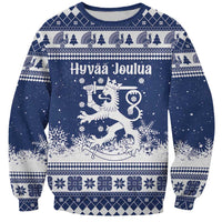 Finland Christmas Hannunvaakuna Sweatshirt Hyvaa Joulua Nordic Snow Lion Blue Version - Wonder Print Shop