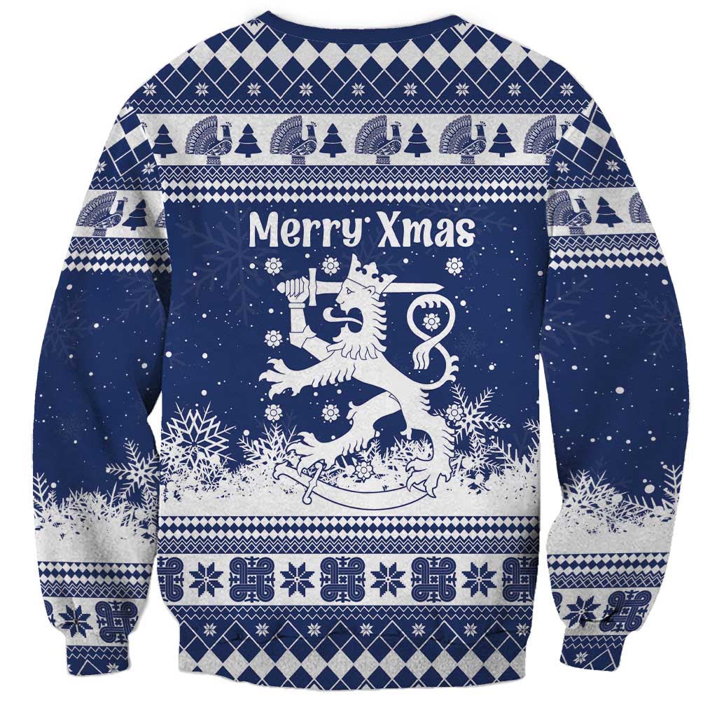 Finland Christmas Hannunvaakuna Sweatshirt Hyvaa Joulua Nordic Snow Lion Blue Version - Wonder Print Shop
