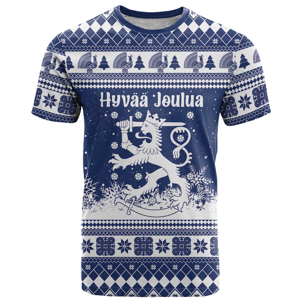 Finland Christmas Hannunvaakuna T Shirt Hyvaa Joulua Nordic Snow Lion Blue Version - Wonder Print Shop