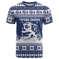 Finland Christmas Hannunvaakuna T Shirt Hyvaa Joulua Nordic Snow Lion Blue Version - Wonder Print Shop