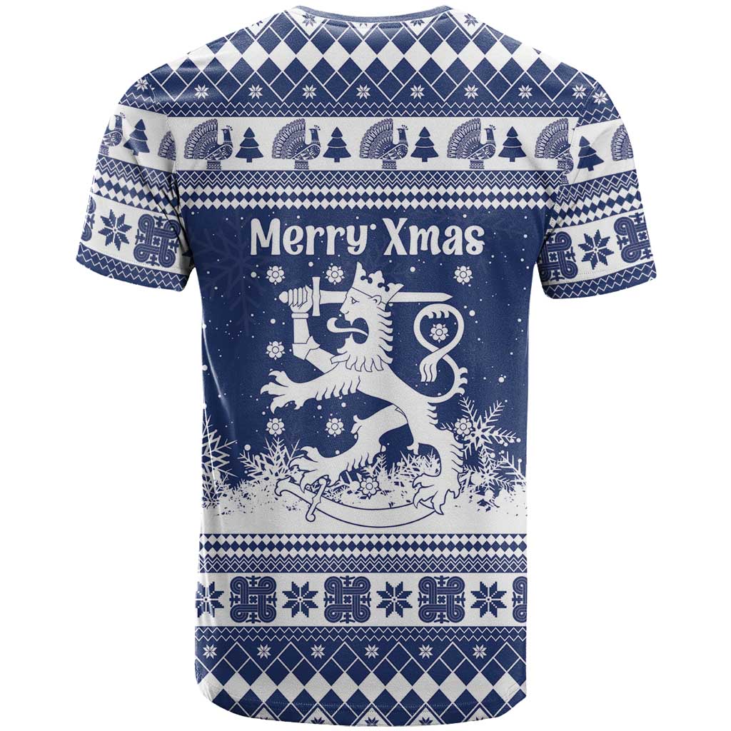Finland Christmas Hannunvaakuna T Shirt Hyvaa Joulua Nordic Snow Lion Blue Version - Wonder Print Shop