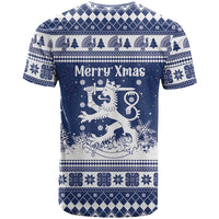 Finland Christmas Hannunvaakuna T Shirt Hyvaa Joulua Nordic Snow Lion Blue Version - Wonder Print Shop