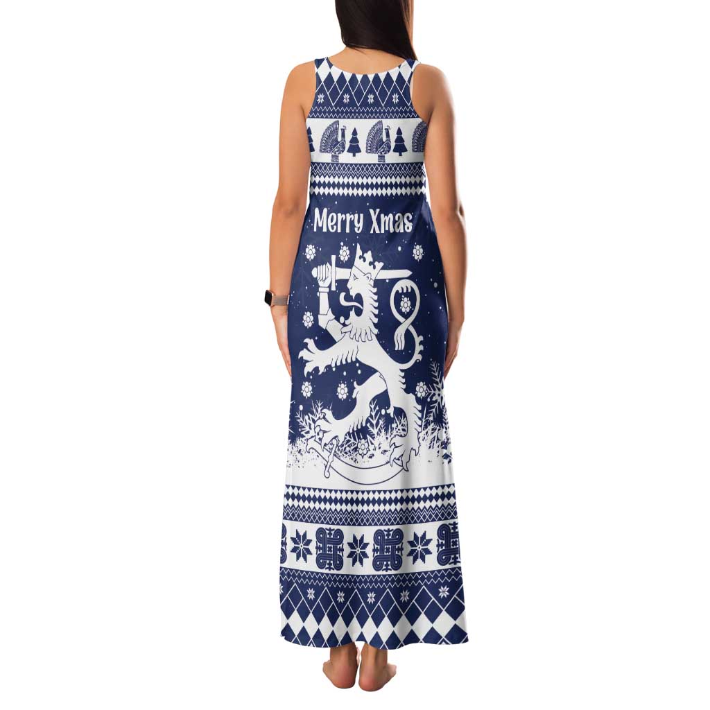 Finland Christmas Hannunvaakuna Tank Maxi Dress Hyvaa Joulua Nordic Snow Lion Blue Version - Wonder Print Shop