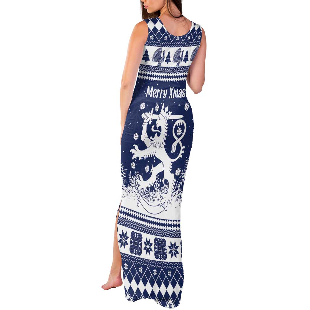 Finland Christmas Hannunvaakuna Tank Maxi Dress Hyvaa Joulua Nordic Snow Lion Blue Version - Wonder Print Shop