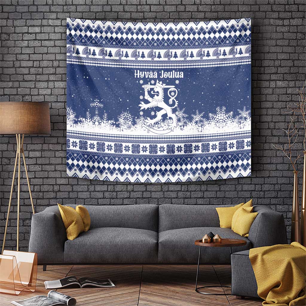 Finland Christmas Hannunvaakuna Tapestry Hyvaa Joulua Nordic Snow Lion Blue Version - Wonder Print Shop