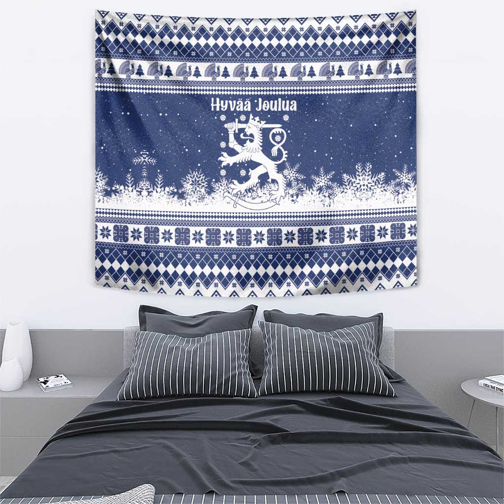 Finland Christmas Hannunvaakuna Tapestry Hyvaa Joulua Nordic Snow Lion Blue Version - Wonder Print Shop