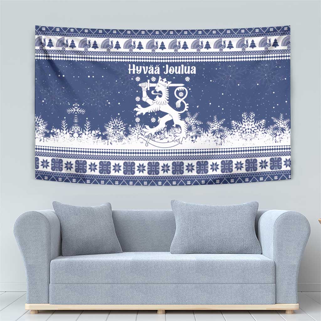 Finland Christmas Hannunvaakuna Tapestry Hyvaa Joulua Nordic Snow Lion Blue Version - Wonder Print Shop