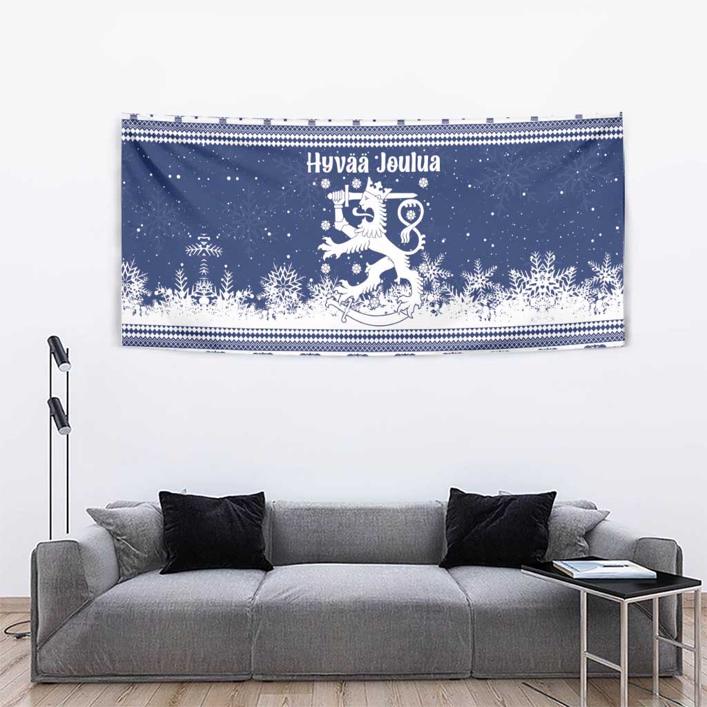 Finland Christmas Hannunvaakuna Tapestry Hyvaa Joulua Nordic Snow Lion Blue Version - Wonder Print Shop