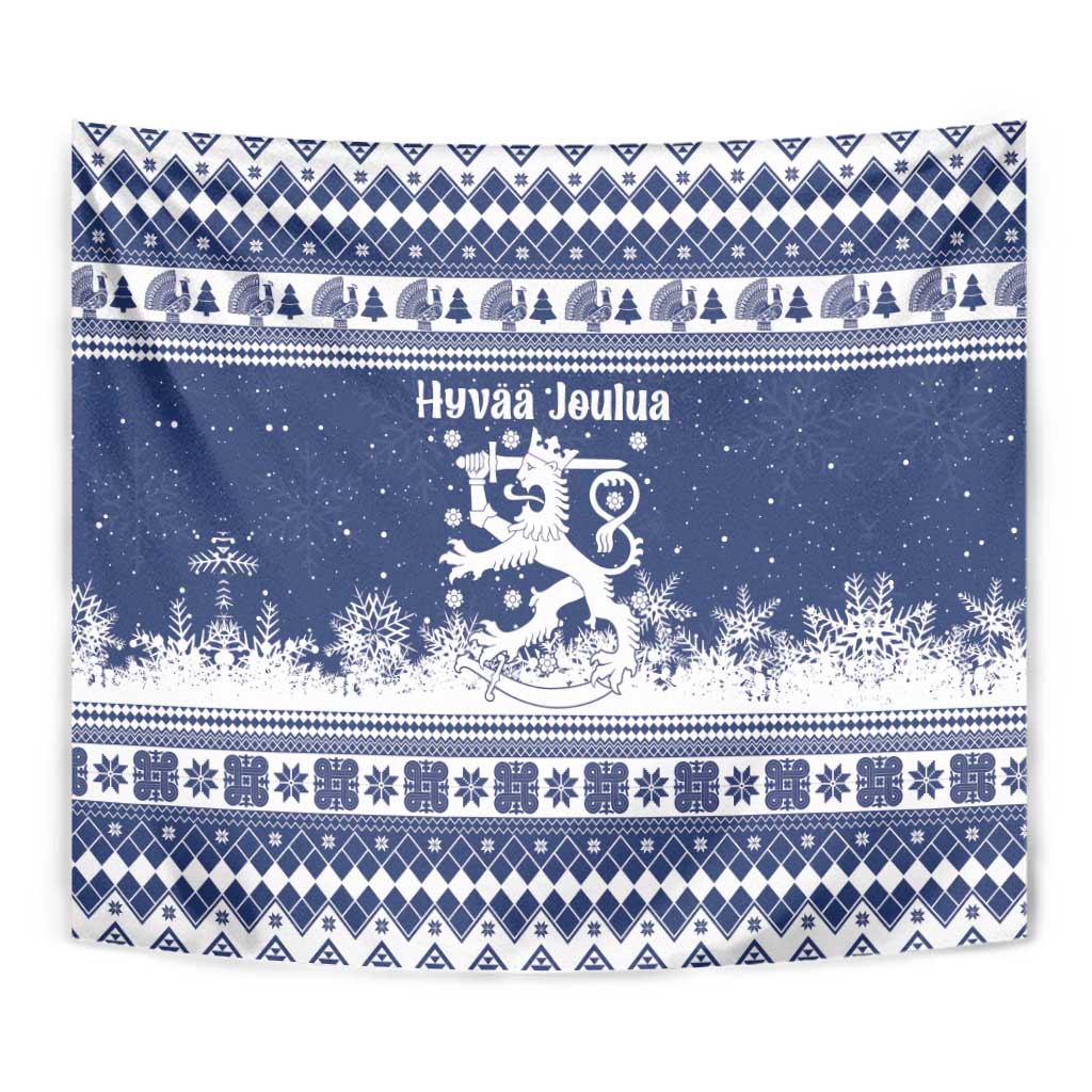 Finland Christmas Hannunvaakuna Tapestry Hyvaa Joulua Nordic Snow Lion Blue Version - Wonder Print Shop