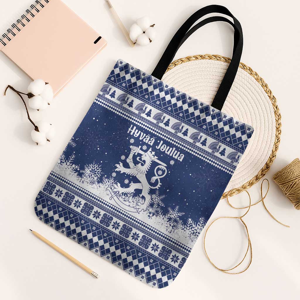 Finland Christmas Hannunvaakuna Tote Bag Hyvaa Joulua Nordic Snow Lion Blue Version - Wonder Print Shop
