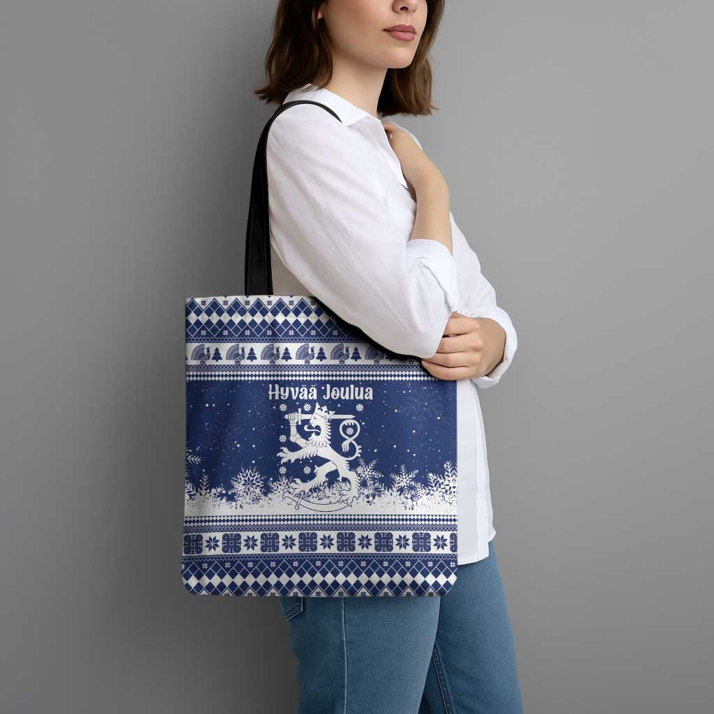 Finland Christmas Hannunvaakuna Tote Bag Hyvaa Joulua Nordic Snow Lion Blue Version - Wonder Print Shop