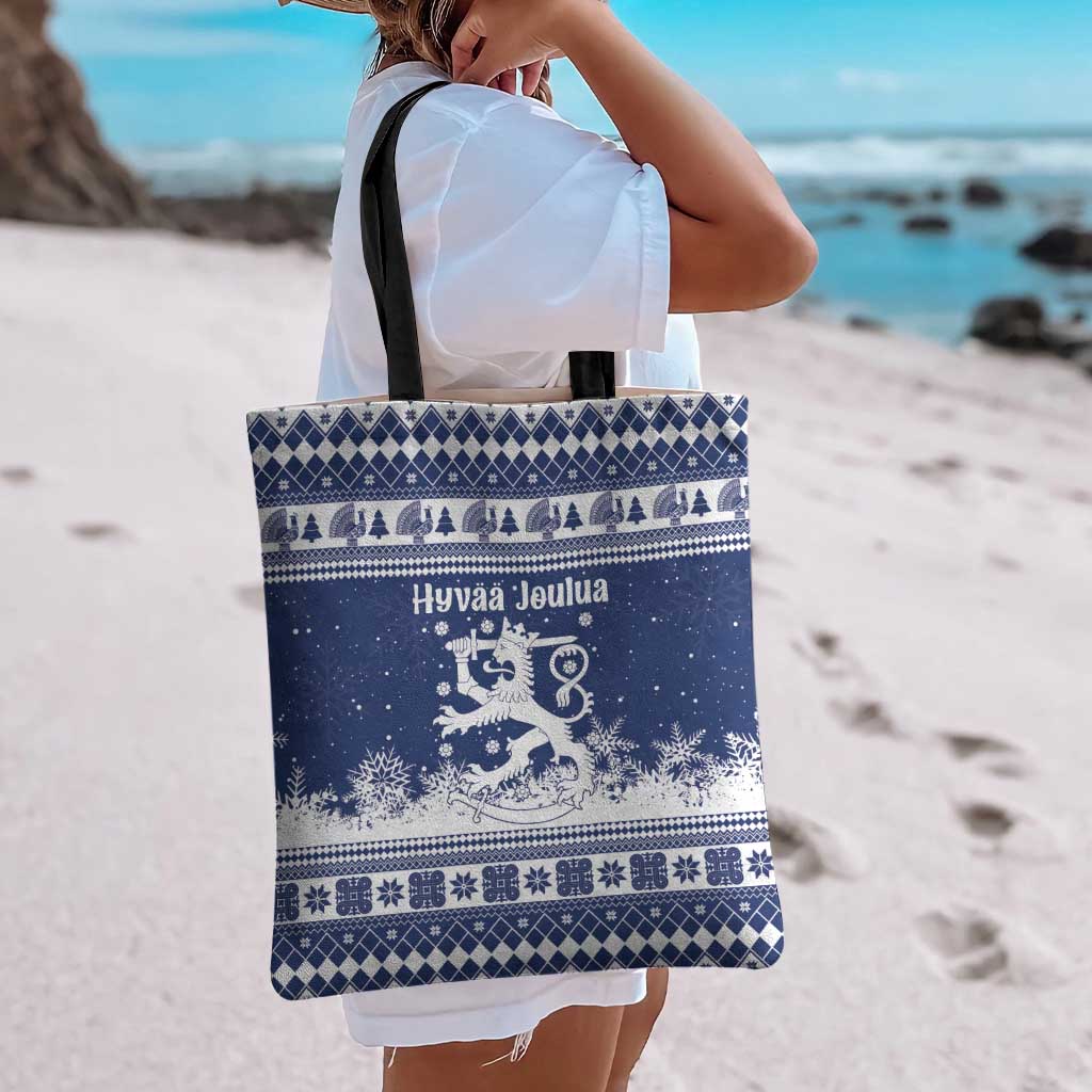 Finland Christmas Hannunvaakuna Tote Bag Hyvaa Joulua Nordic Snow Lion Blue Version - Wonder Print Shop