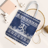 Finland Christmas Hannunvaakuna Tote Bag Hyvaa Joulua Nordic Snow Lion Blue Version - Wonder Print Shop